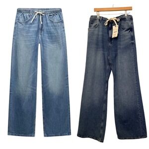 Zara Size 10 Mid Rise Wide Leg Denim Jeans Drawstring Waist NWT 32" Inseam